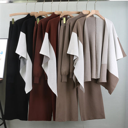 Women's Fashionable Knitted Color Matching Shawl Three-piece Suits