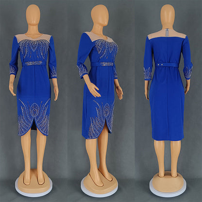 Women's African Fashion Wear Half Sleeve Beaded Hot Drilling Party Dresses