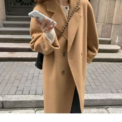 Women's Gray Korean Loose Mid-length Woolen Design Coats