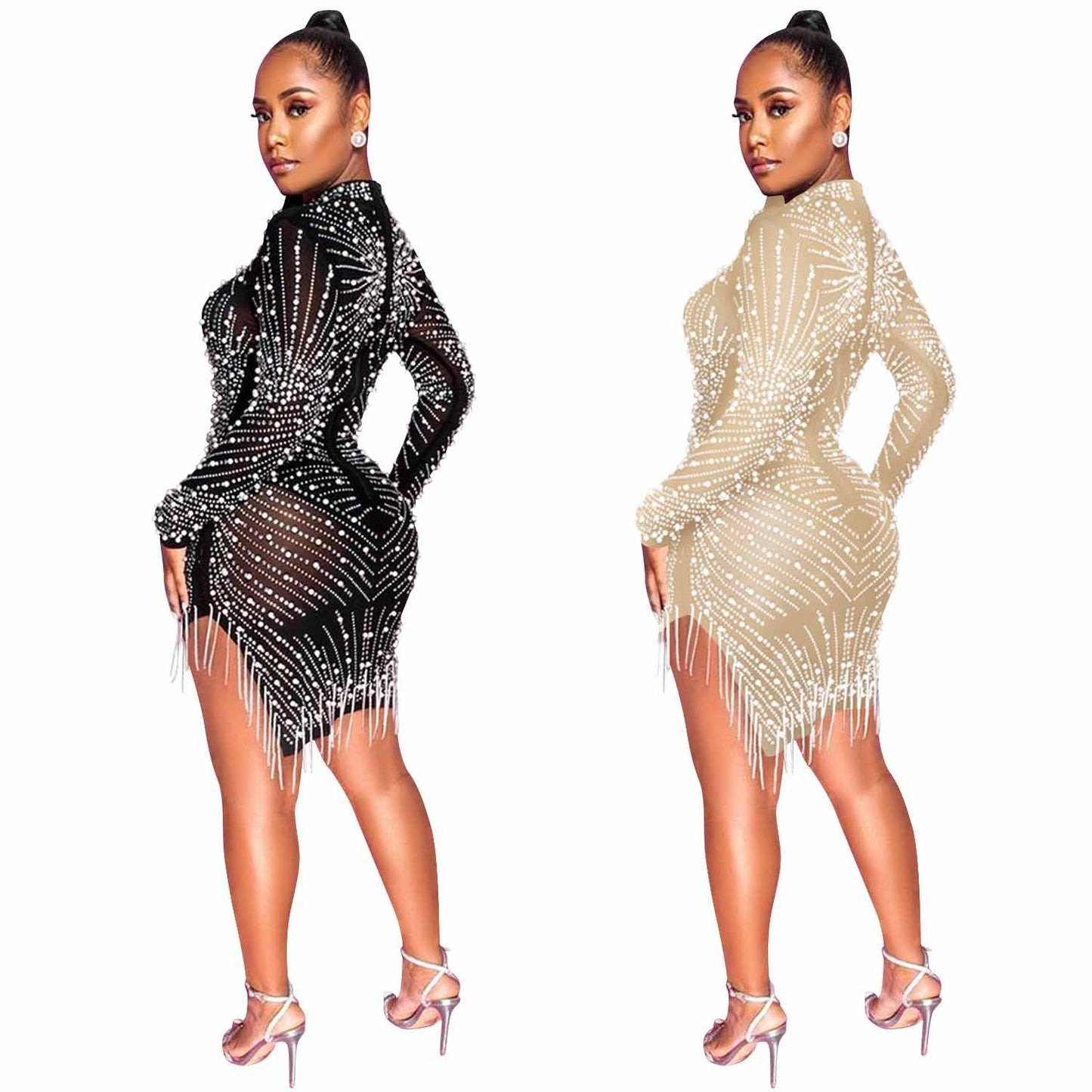 Nightclub Mesh Rhinestone Bubble Bead Tassel Dresses
