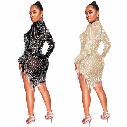 Nightclub Mesh Rhinestone Bubble Bead Tassel Dresses