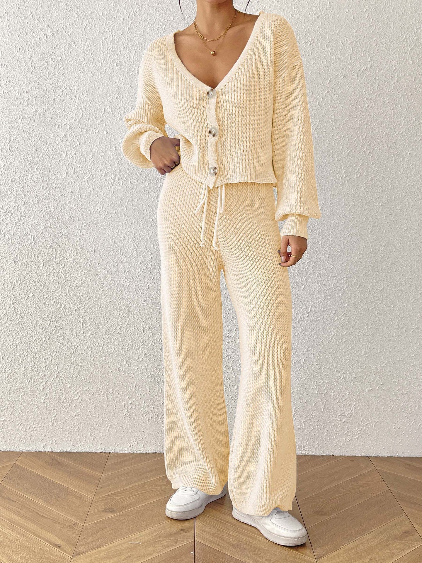Women's Color Elegant Outfit Loose Wide Leg Drawstring Suits