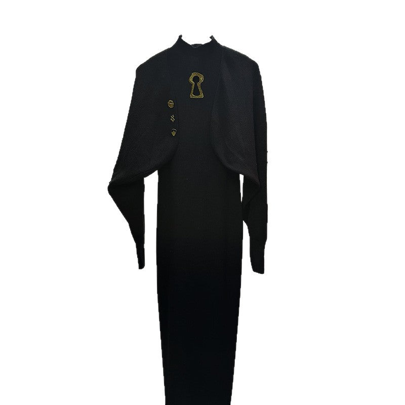 Women's Elegant Metal Decorative Batwing Sleeve Knitted Elastic Long Dresses