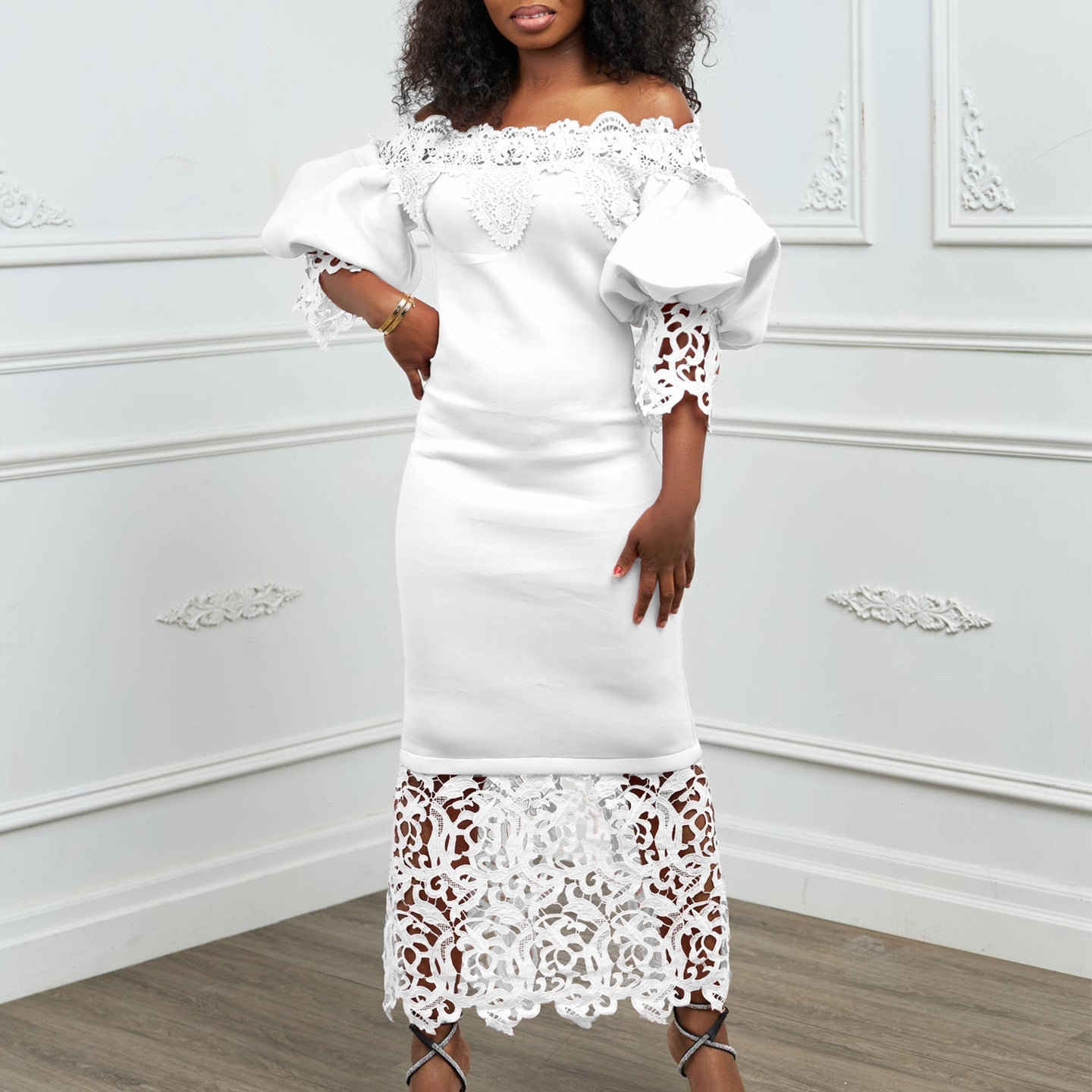 Women's Lace Stitching Banquet Dress Lantern Sleeve Dresses