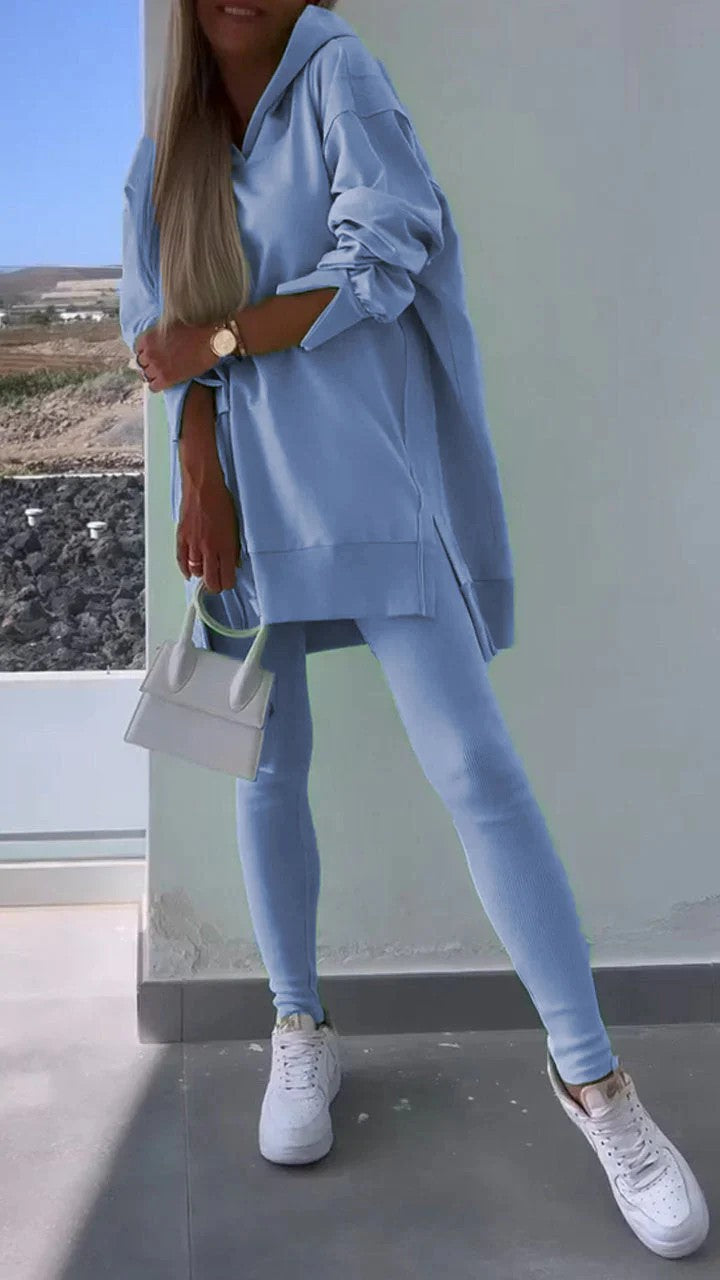 Women's Sports Casual Slit Hooded Tights Two-piece Suits