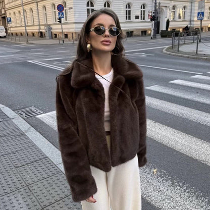 Women's Stylish Lapels Imitation Fur Furry Coats