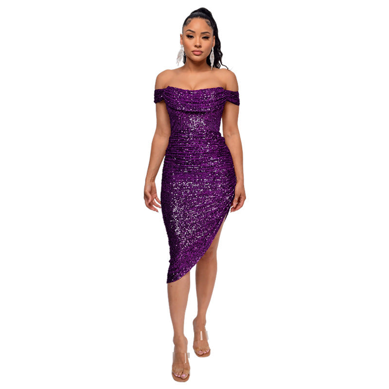 Women's French Style Pleated Sequined Split Elegant Dresses