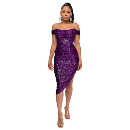 Women's French Style Pleated Sequined Split Elegant Dresses