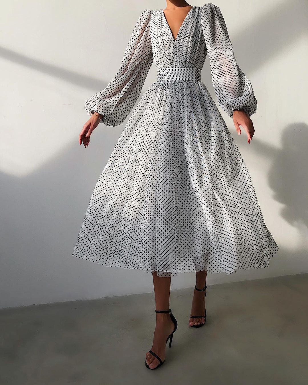 Color Elegant Lady Puff Sleeve Polka Dresses