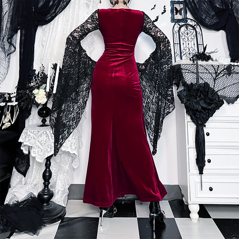Women's Dark Lace Long-sleeved Slit Dress Sexy Dresses