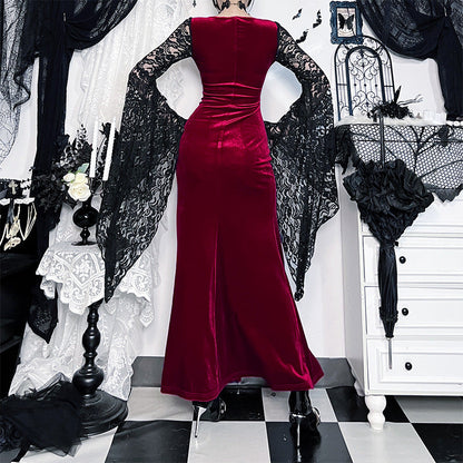 Women's Dark Lace Long-sleeved Slit Dress Sexy Dresses