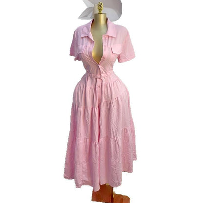 Women's Summer Fashion Polo Collar Sleeve Breasted Belt A- Dresses
