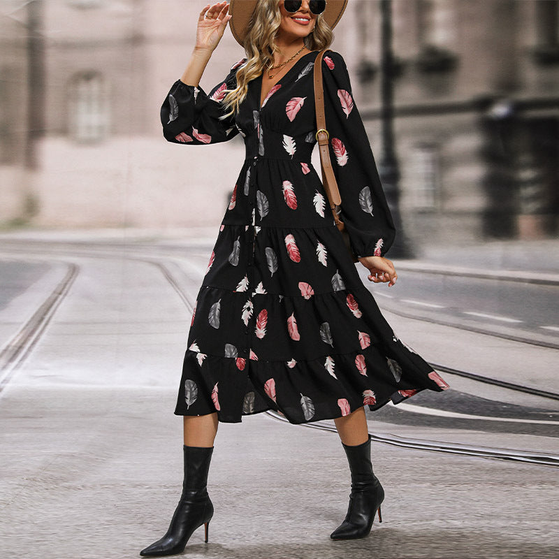 Romantic Elegant Colorful Feather Printed Sleeves Dresses