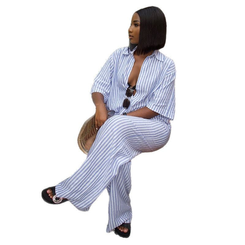 Women's Casual Polo Collar Three-quarter Sleeve Striped Shirt High Waist Suits