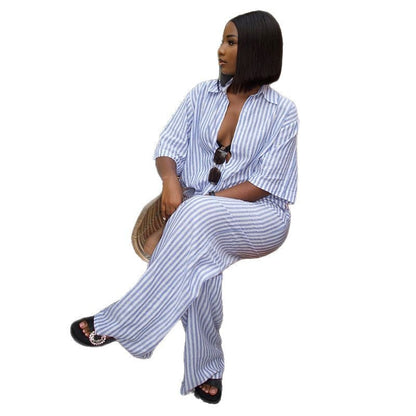 Women's Casual Polo Collar Three-quarter Sleeve Striped Shirt High Waist Suits