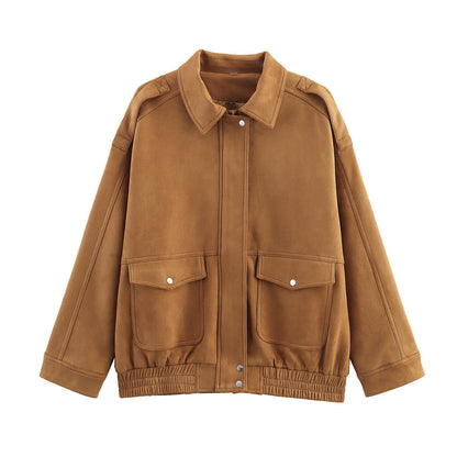 Women's Spring Fashion Polo Collar Suede Texture Jackets