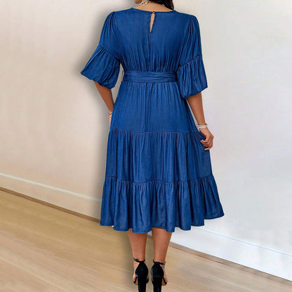 Women's Bubble Sleeve Round Neck Fashion Denim Dresses