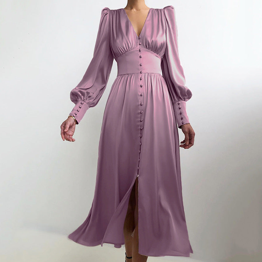 Women's Sleeve Elegant Slim Satin Court Waist Dresses