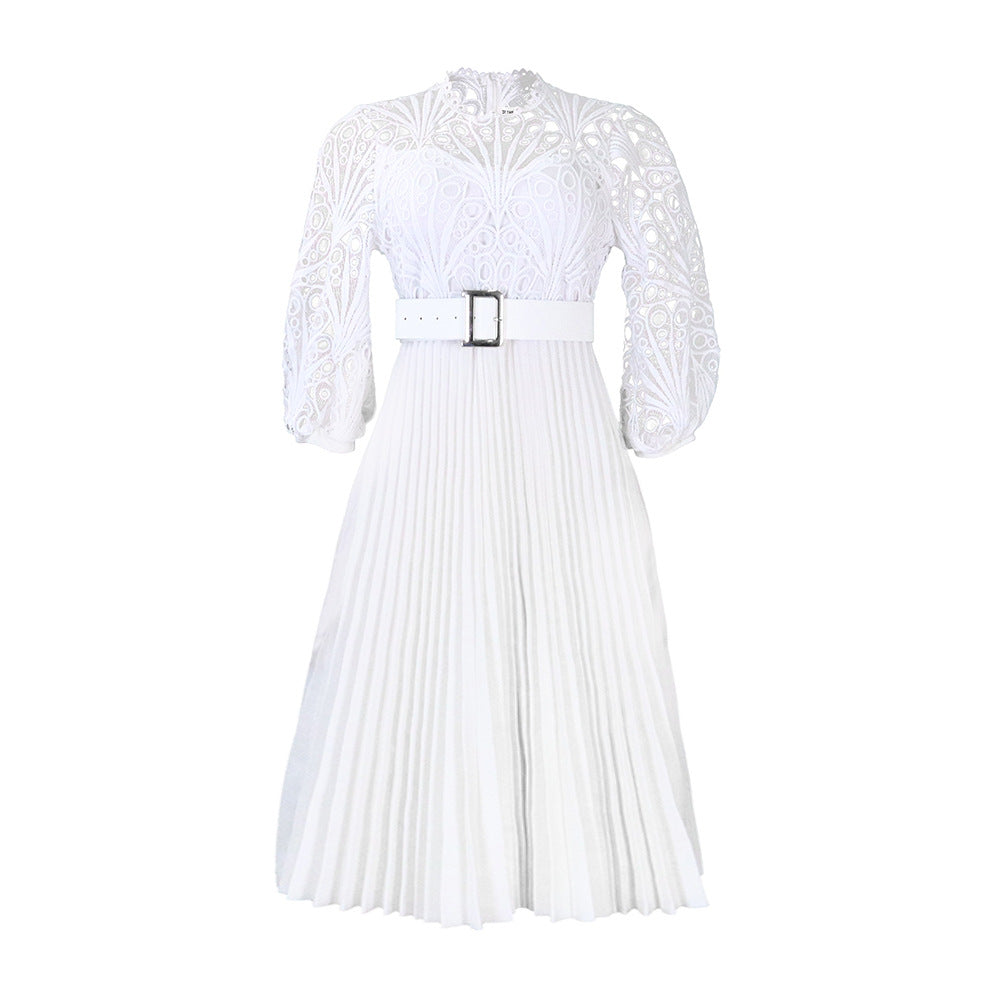 Women's Lace Crochet Sexy Cutout Pleated Stitching Dresses