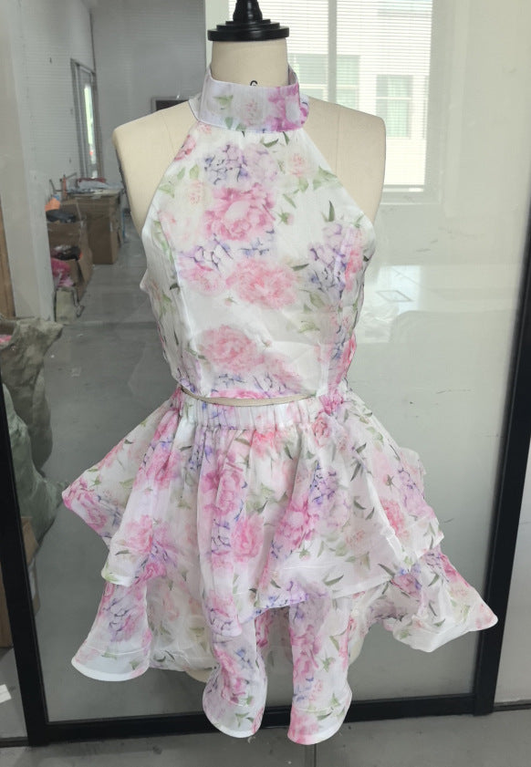 Women's Sweet Elegance Printed Backless Lace Up Dresses