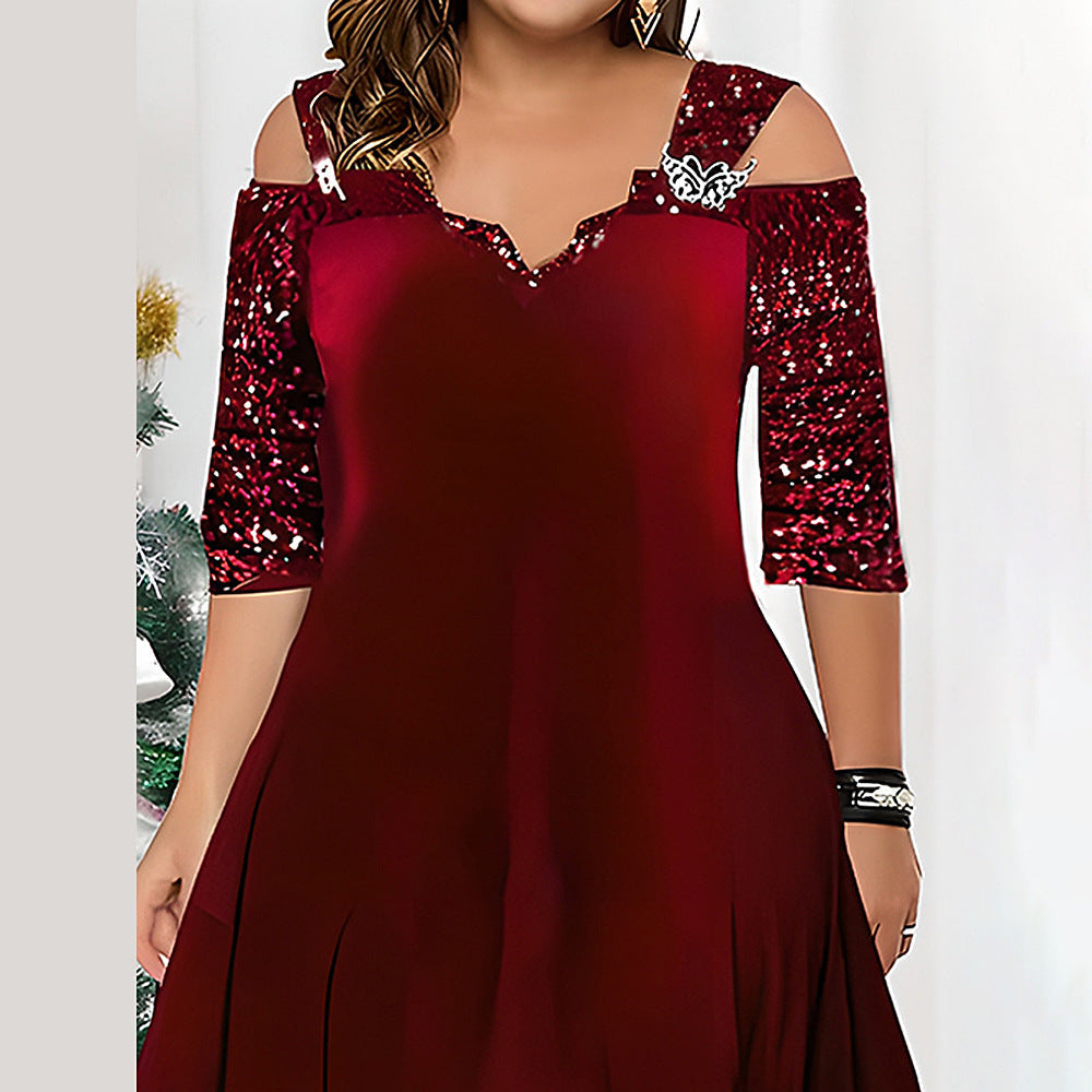 Women's Fashion Solid Color Sequin Large Swing Dresses