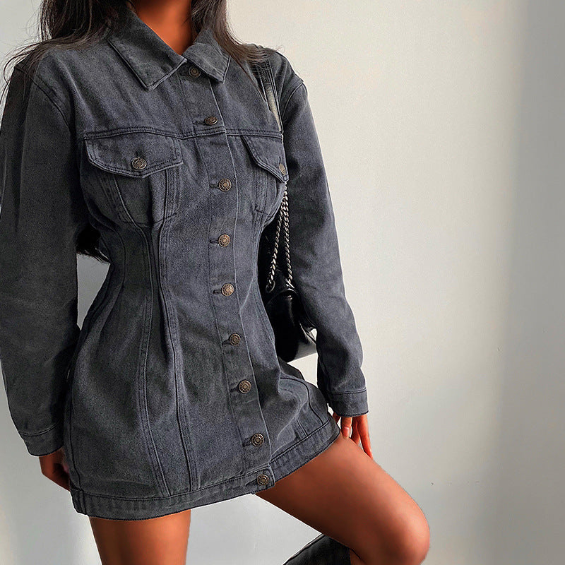 Pleated Long Sleeve Cowboy Siamese Dress Dresses