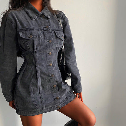 Pleated Long Sleeve Cowboy Siamese Dress Dresses