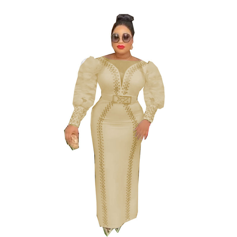 Women's Rhinestone Beaded Puff Sleeve Long Slim Dresses