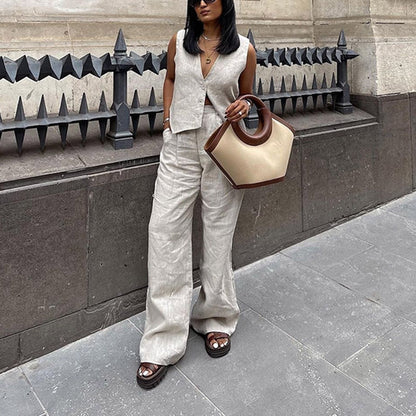 Women's Linen Sleeveless Waistcoat Trousers Two-piece Set Suits