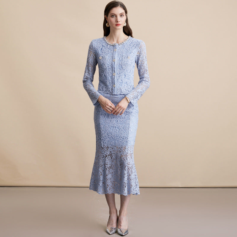 Diamond Round Neck Long Sleeve Crocheted Lace Dresses