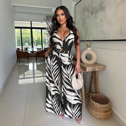 Women's Sexy Print Halter Smocking Wide Leg Suits