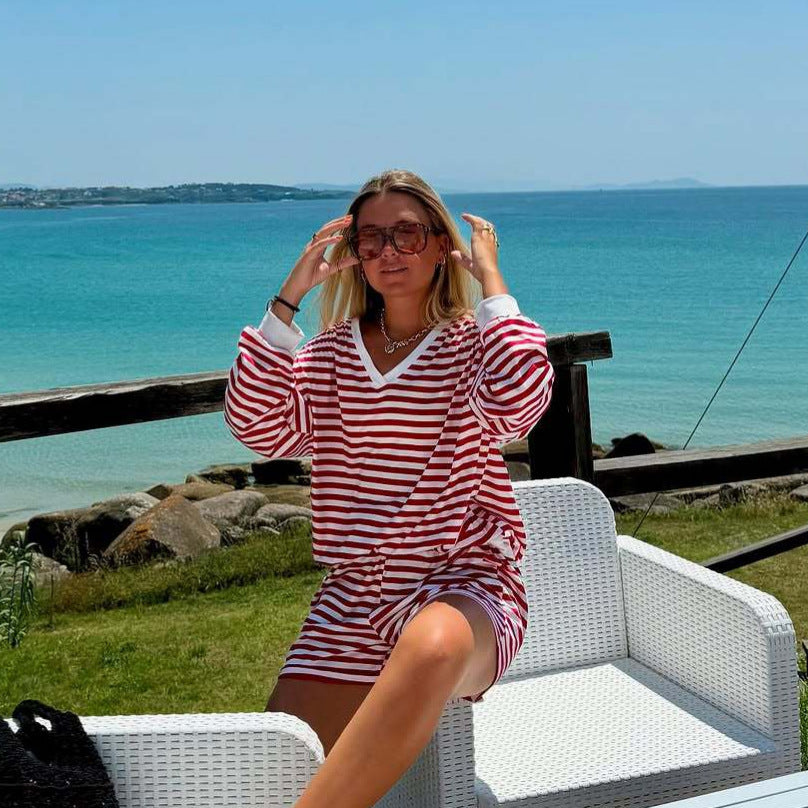 Women's Striped Casual Long-sleeved Elastic Waist Suits