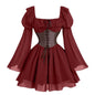 Medieval Puff Sleeve Dress Halloween Drawstring Skirts