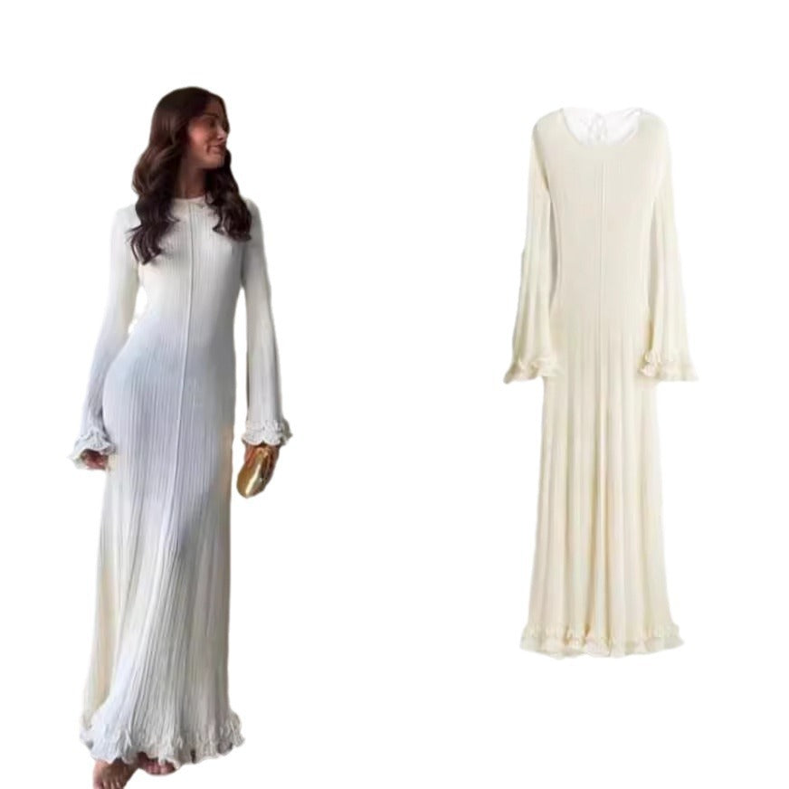 Women's Summer Pleated Wavy Backless Long Sleeves Dresses