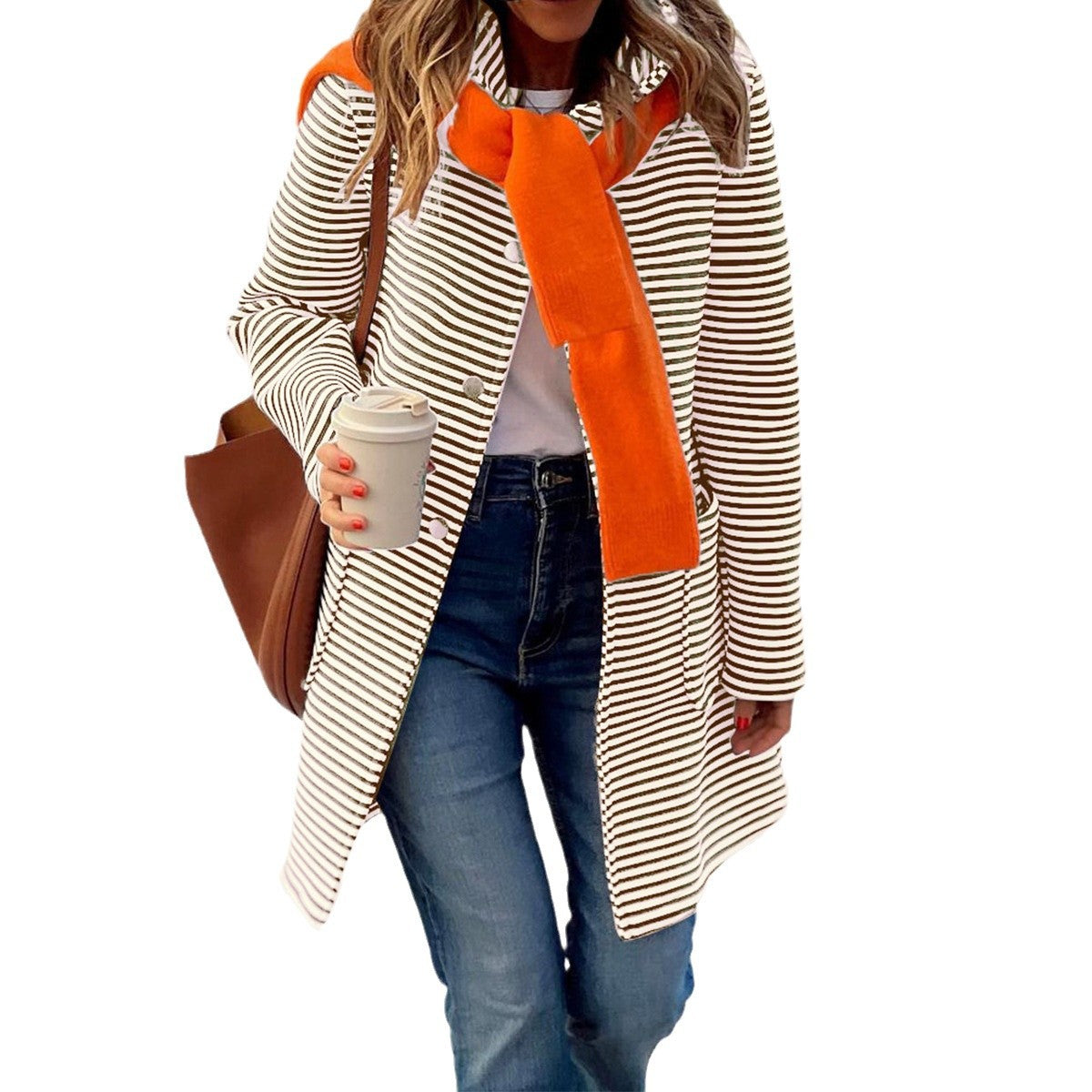 Women's Elegant Striped Hooded Knitted Long-sleeved Coats