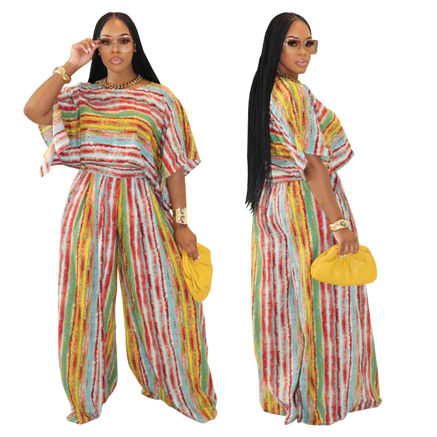 Women's Fashion Wear Casual Striped Trousers Two-piece Suits