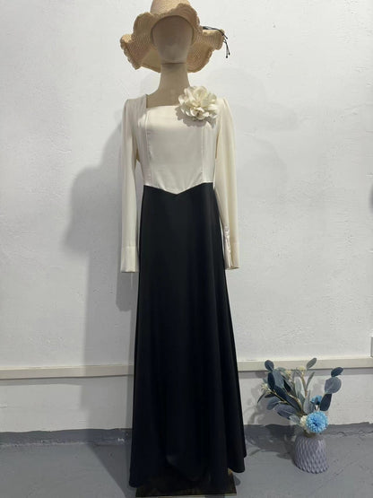 Autumn Satin Patchwork Contrast Color Flower Dresses