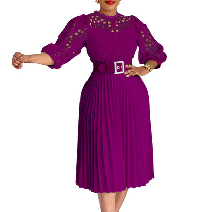 Women's Temperament Pure Color Lace Crocheted Pleated Dresses