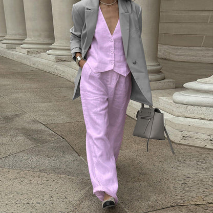 Women's Cotton Linen Sleeveless Waistcoat Trousers Two-piece Set Suits