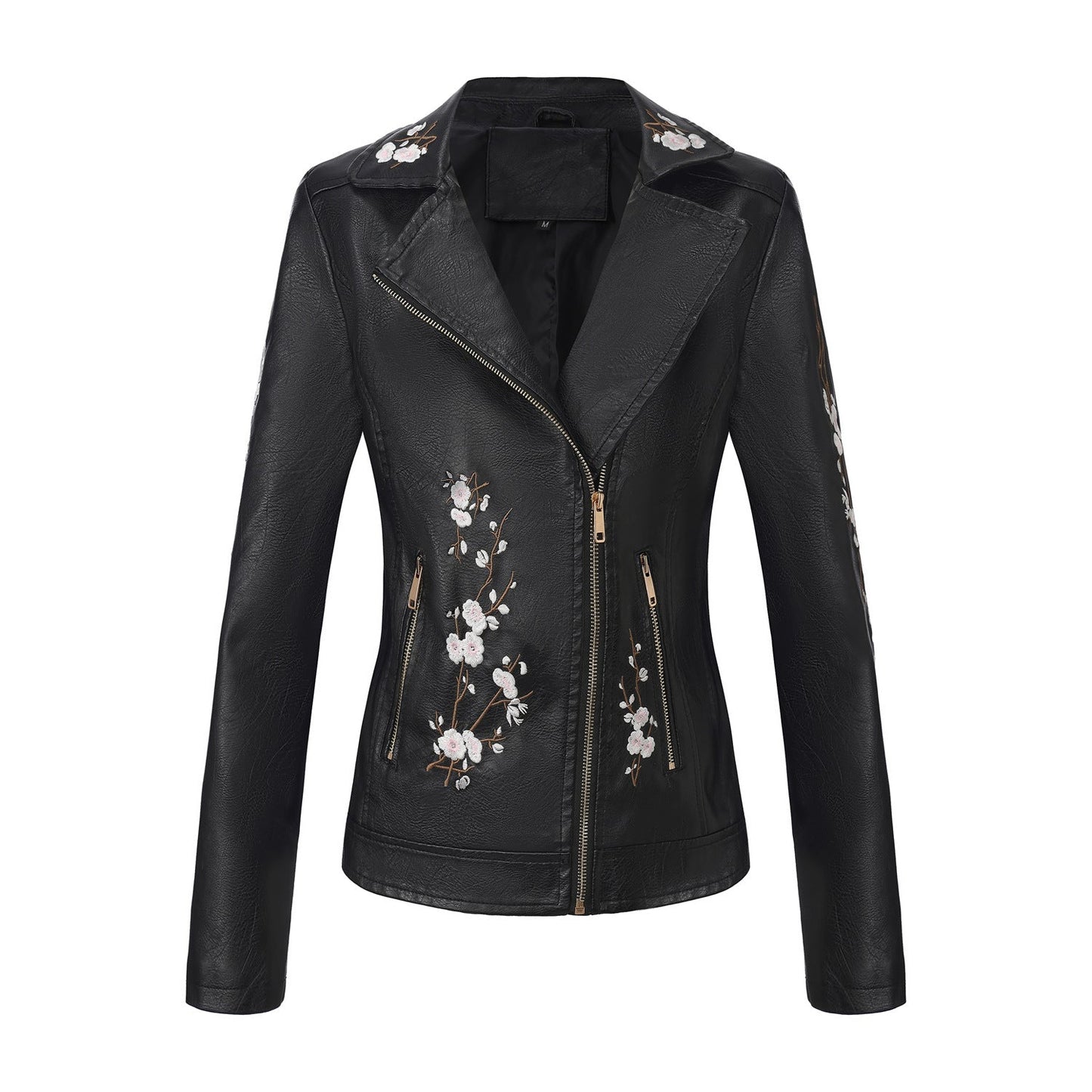 Women's Embroidered Leather Oblique Zipper Long Sleeve European Jackets