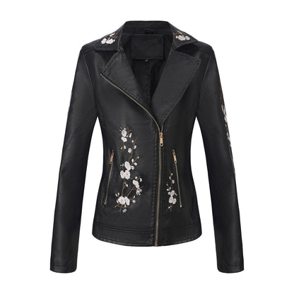 Women's Embroidered Leather Oblique Zipper Long Sleeve European Jackets
