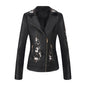 Women's Embroidered Leather Oblique Zipper Long Sleeve European Jackets