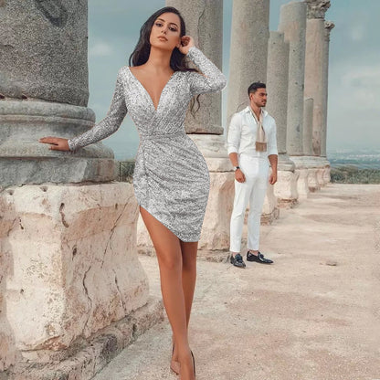 Women's Sexy Deep V Long Sleeve Slim Dresses