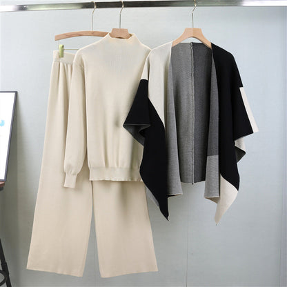 Women's Fashionable Knitted Color Matching Shawl Three-piece Suits