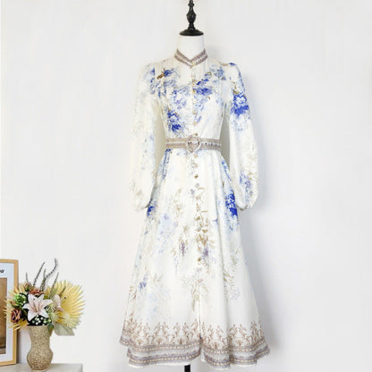 Women's Floral Print Single-breasted Stand-up Collar Puff Dresses