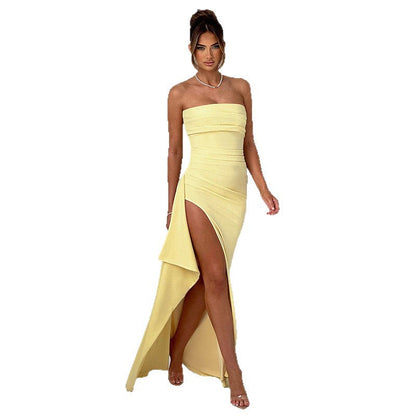 Color Sleeveless Tube Backless Slit Zip Dresses