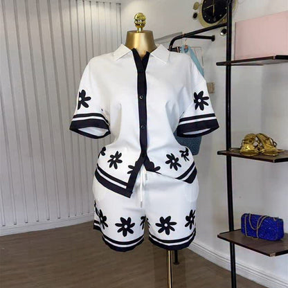 Women's Fashion Polo Collar Color Matching Printed Suits