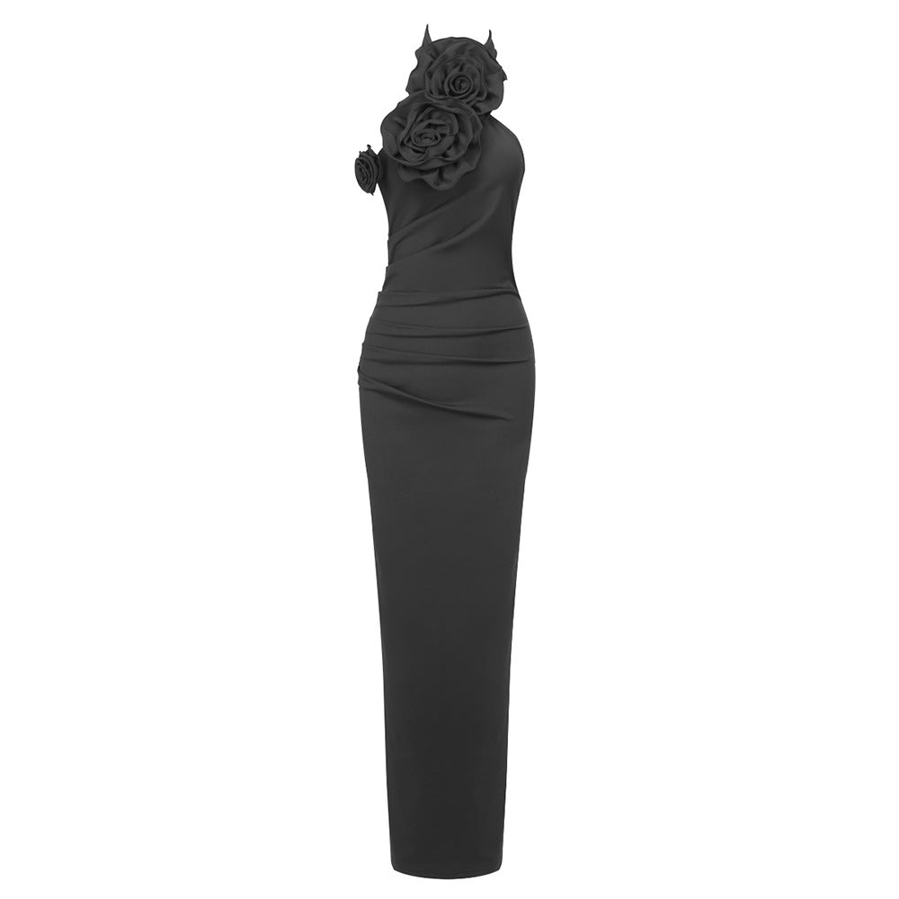 Women's Ribbon Flower Long Halter High-grade Dress Dresses