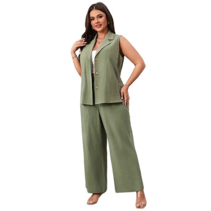 Women's Summer Green Sleeveless Wide Leg Casual Suits