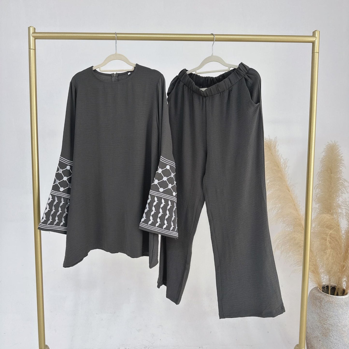 Graceful Turkish Embroidered Wide Leg Two-piece Suits